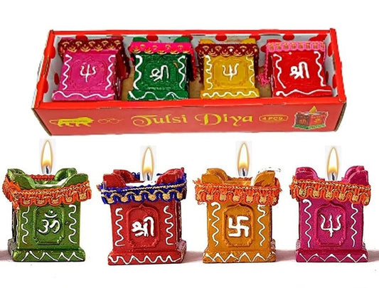 Set of 4 Clay and Terracotta Colourful Hand Painted Puja Tulsi Diya Candle for All Kind of Festival Diwali, Navratri for Home Decoration (Multicolour)