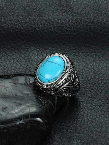 Men Silver-Plated Blue Stone Studded Oxidized Ring